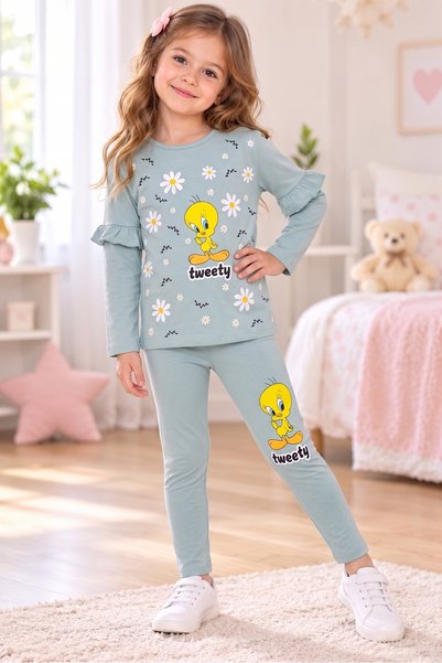 KAMİKAM Quality Ruffled Combed Cotton Girl's Suit