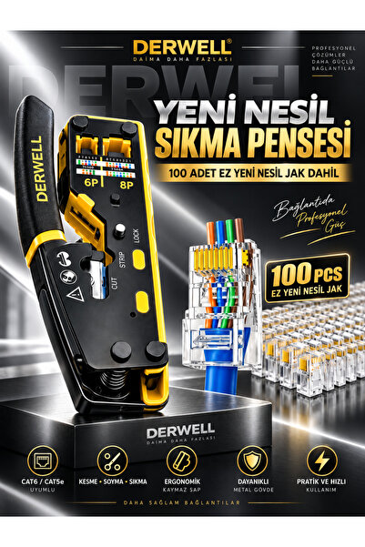 Derwell Yeni Nesil Ez Pense RJ45 Sıkma Aracı Cat5/Cat6/Cat7 Pense Kesici Rj11...