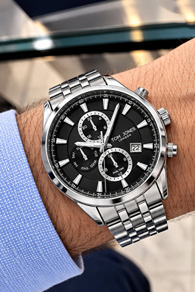 Tom Jones London Men's Wristwatch 3 Atm Waterproof Silver Color Steel Band Gt...