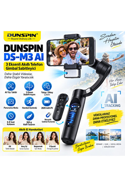 alpotekno DUNSPIN DS-M3 AI Gimbal Stabilizer Tripod – 3 Eksen Telefon Sabitle...