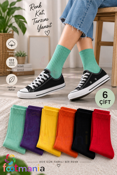 footmania 6” Çift Kadın Çok Renkli Düz Tenis Kolej ÇorapSeti(extra confort)