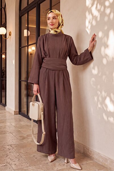 Modamorfo High Collar Pleated Detailed Pocketed Belted Strawberry Jumpsuit - ...