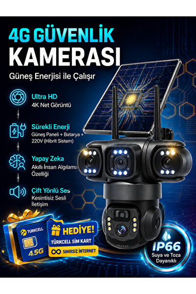 Dobest 4K 4G SIM Kartlı Solar Güvenlik Kamerası 3 Lensli PTZ V380 Pro Güneş P...