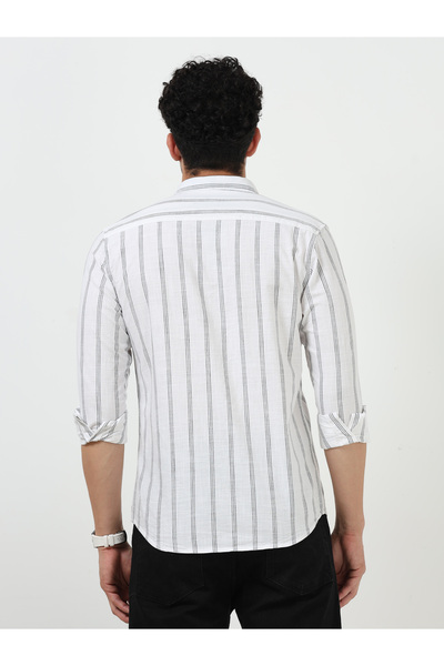 THE SOUTHZ White Brown Stripe Full Sleeve Linen Shirt