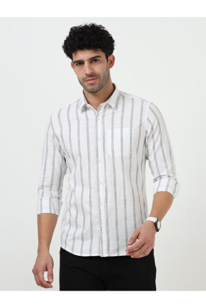 THE SOUTHZ White Brown Stripe Full Sleeve Linen Shirt