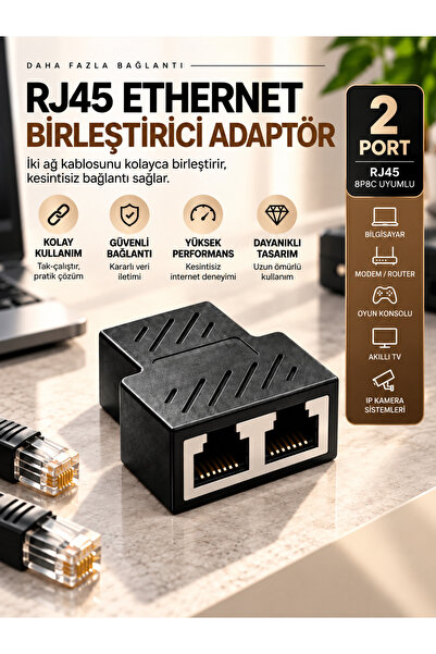 PEMBERTON RJ45 Ethernet Kablo Birleştirici Adaptör 2 Port Dişi Dişi Ağ Kablos...