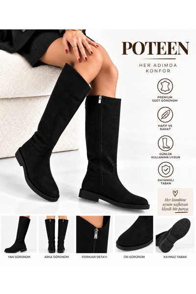 POTEEN Cool Women's Rider Long Suede Boots C200 Black