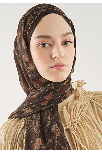 Freshscarfs Ethnic Blossom Desen Soft Viskon Şal Çikolata Kahve