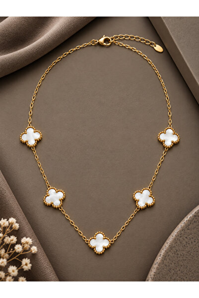 serelya 316L Steel Gold Color White Pearlescent Clover Necklace