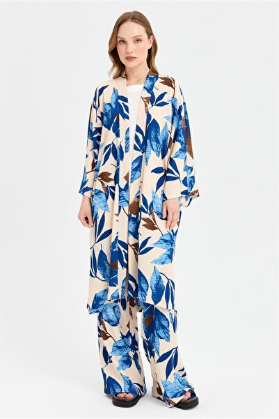 Esswaap Sarmaşık Desen Baskılı Kimono Takım  Mavi