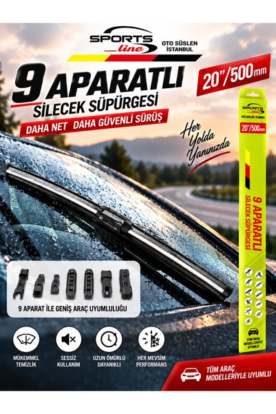 OTO SÜSLEN İSTANBUL Sport’s Line 9 Aparatlı Muz Silecek Süpürgesi 20” 500 mm Universal Oto Cam Sileceği
