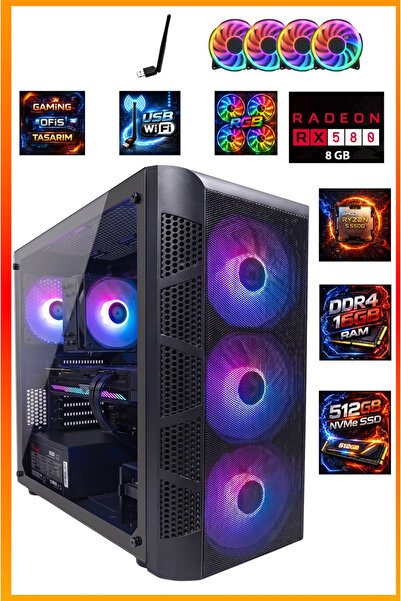 COMLOJI GA Full-Perf Gaming Ryzen 5 5500 + RX580 8GB + 16GB DDR4 RAM 512GB M....