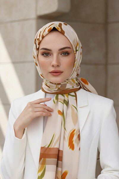 Vissona Crepe Tulip Patterned Tan Colored 75X195 Non-Shedding Shawl