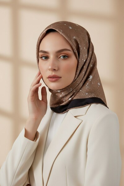 VİOLLA Twill Galaksi Desenli Bej Renkli 90x90 Eşarp (İpek İçermez) Kenar Diki...