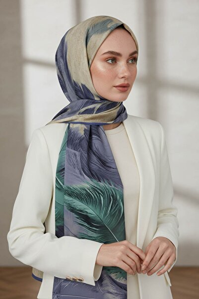 Vissona KREP YAPRAK DESENLİ İNDİGO RENKLİ 75X195 KIRIŞMAZ ŞAL