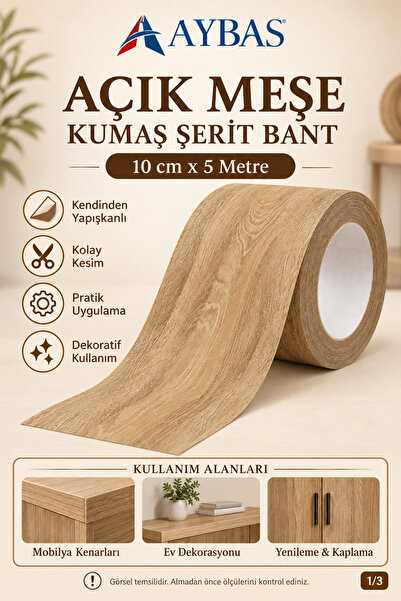 Aybas 10 cm x 5 Metre Açık Meşe Ahşap Desenli Kumaş Yapışkan Bant – Kendinden...