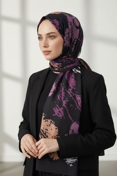 Vissona KREP SONBAHAR YAPRAKLARI DESENLİ MÜRDÜM RENKLİ 75X195 KIRIŞMAZ ŞAL