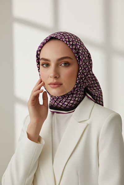 VİOLLA Twill Çıtır Desenli Mürdüm Renkli 90x90 Eşarp (İpek İçermez) Kenar Dik...