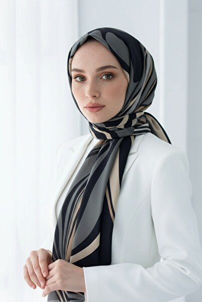 Vissona Crepe Geometric Patterned Beige Color 75X195 Non-Fading Shawl
