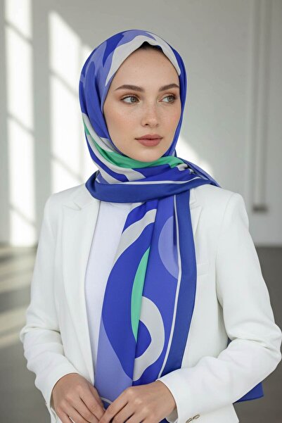 Vissona KREP GEOMETRİK DESENLİ İNDİGO RENKLİ 75X195 KIRIŞMAZ ŞAL