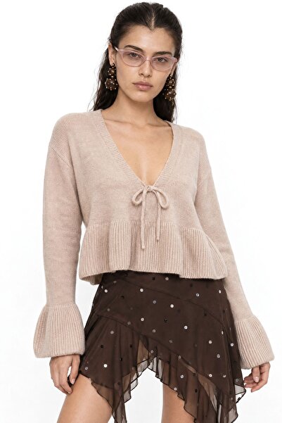 Hiccup Mixray Ruffled V-Neck Knitted Sweater with Binding Detail