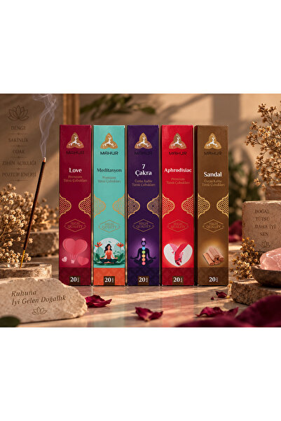 MAHUR Premium Tütsü Seti 5’li – Love, Meditation, 7 Çakra, Aphrodisiac, Sandal