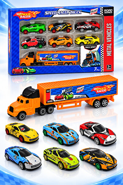 Toysan 7-Piece Mini Car Set with Metal Cars – Orange 1 Truck + 6 Metal Cars (...