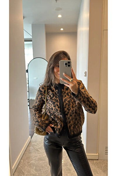 FLEX FASHION Kadın Bisiklet Yaka TREND Leopar Desenli TÜYLÜ Hırka