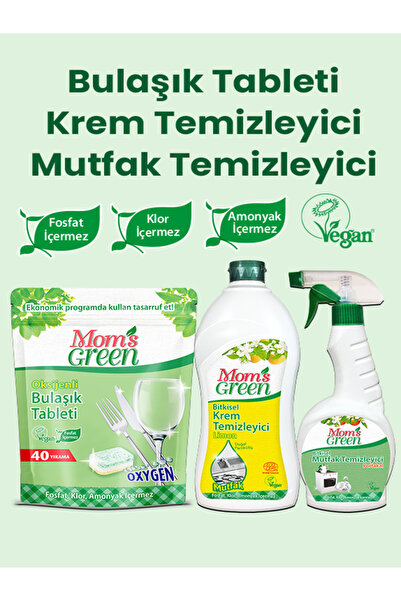Mom's Green 3'lü Set- 40'li Bulaşık Makinesi Tableti Krem Temizleyici Limon 7...