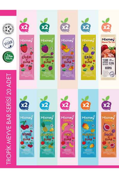 mixmey Tropik Meyve Bar Serisi 20 Adet | Sağlıklı Atıştırmalıklar – Vegan, Gl...
