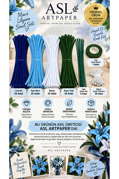 ASL ArtPaper Mavi Lilyum Çiçeği Yapım Seti Şönil Seti 156 Parça DIY Hobi El S...