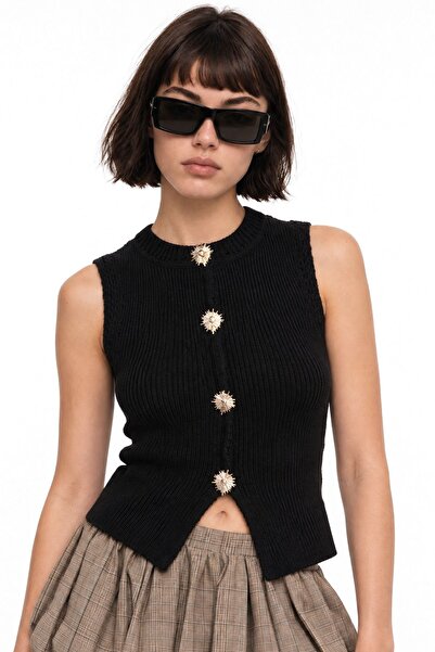 Hiccup Mixray Button Detailed Textured Knitwear Short Top
