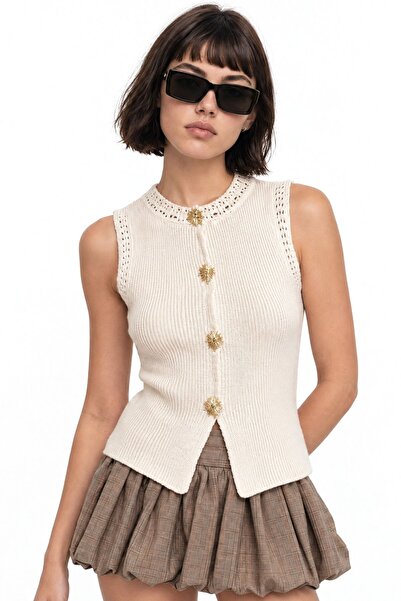 Hiccup Mixray Button Detailed Textured Knitwear Short Top