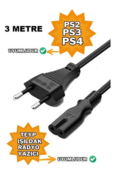 Derwell 3 Metre C7 Güç Kablosu Ps2/ps3/ps4/xbox One S/radyo/tv Işıldak Uyumlu...