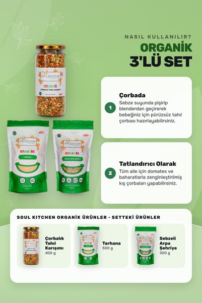 Soul Kitchen Organik Ürünler Organik Çorbalık Tahıl Karışımı 400 g Tarhana 500 g Sebzeli Arpa Şehriye 300 g Set Sertifikalı