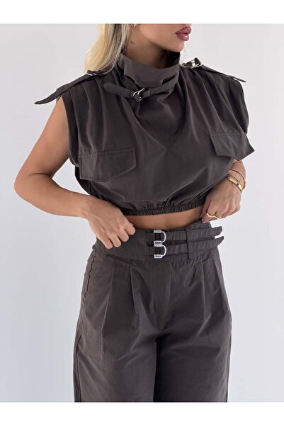 FASHION COCKTAIL Urban Metal Çift Tokalı Apoletli Büzgülü Bel Crop Dik Yaka Y...