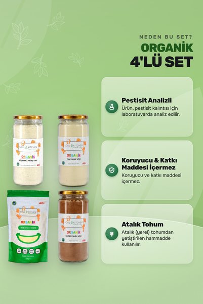 Soul Kitchen Organik Ürünler Organik İrmik 400 g, Keçiboynuzu Unu 300 g, Rüşeymli Pirinç Unu 300 g, Tam Yulaf Unu 250 g Cam Ek Gıda Seti