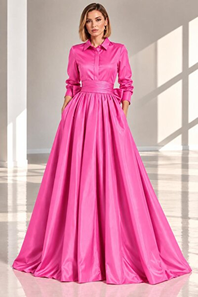 SERAVENZA COUTURE Maxi Boy Uzun Kollu Seyyar Kuşaklı Tafta Gömlek Elbise COU-18