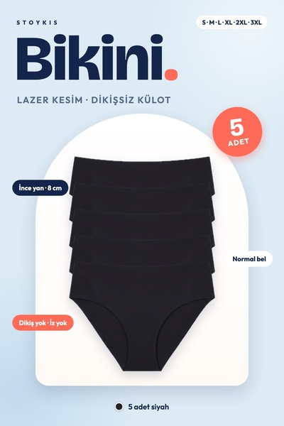 Stoykis Kadın Bikini Külot 5'li Set Siyah - Lazer Kesim Dikişsiz, Normal Bel,...