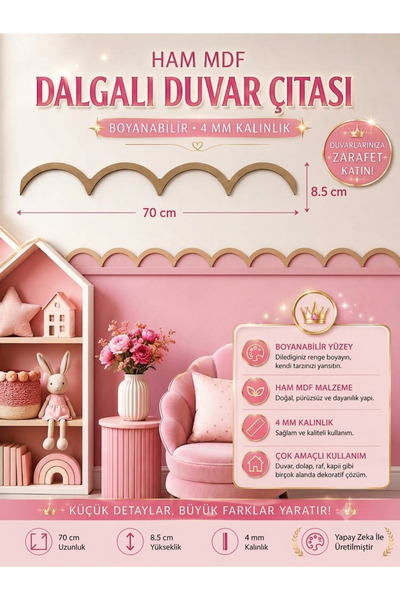 mdmetadesign Boyanabilir Ham Mdf Dekoratif Dalga Model Duvar Çıtası