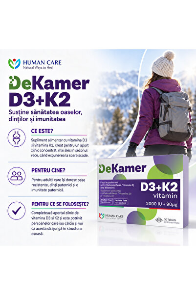 Human Care DeKamer D3+K2 Comprimate, pentru sănătatea oaselor, mușchilor și imunitate, 30 comprimate, Vitamina D3 2000 IU + K2 90 mcg
