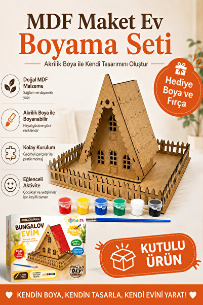 kutuTR MDF Maket Ev Boyama Seti Akrilik Boya ve Fırça Hediyeli Dekoratif Hobi...