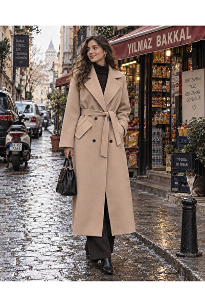 zeynep uyanık Astarlı Kuşaklı ve Düğmeli Premium Kaban