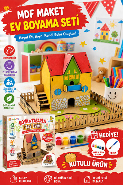 kutuTR MDF Maket Ev Boyama Seti | Ahşap Hobi ve Boyama Kiti | 6'lı Akrilik Bo...