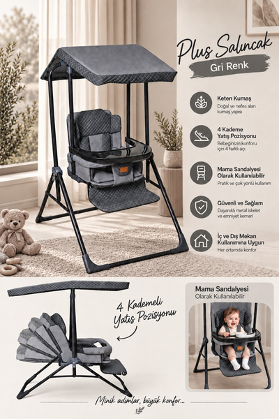 Happy Baby Plus Salıncak - Kademeli -keten Kumaş -mama Tablalı Salıncak - Mam...