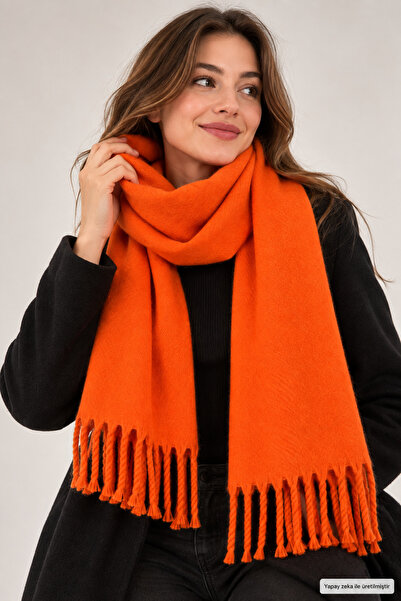 ZERAMİNE Orange Women's Winter Tassel Scarf |   Soft Textured Thick Shawl - S...