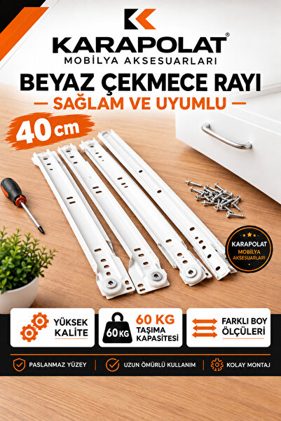 KARAPOLAT Klasik Kızaklı Dolap Çekmece Rayı Beyaz 35-40-45-50 Cm (VİDA DAHİL)