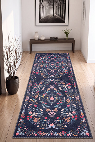 Cool Halı Daisy Lacivert Çiçekli Eskitme Retro Vintage Halı Rustik Koridor An...