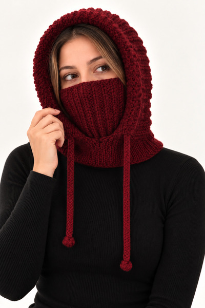NEHOLİA Kadın Balaklava Bordo Kapüşonlu Boyunluk Bağcıklı Başlık balaclava at...