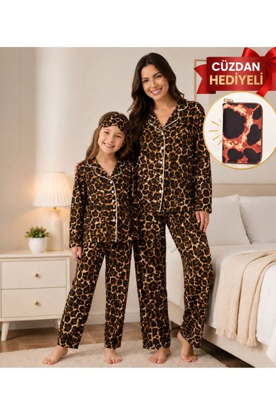 Fil Kids Mother-Daughter Cotton Suede Brown Leopard Patterned Long Sleeve Shirt Collar Winter Pajama Set (with Wallet Gift)